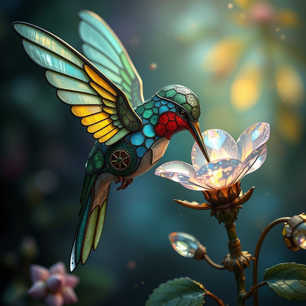 Victorian Automaton Hummingbird Sipping Nectar in Art Nouvea...