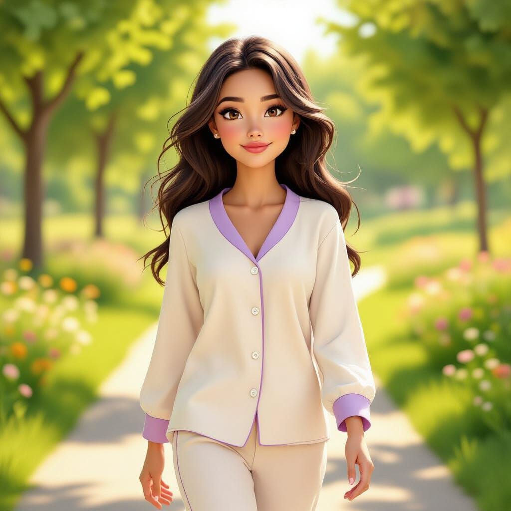 Elegant Woman Walking in Sunny Park, Pixar Style