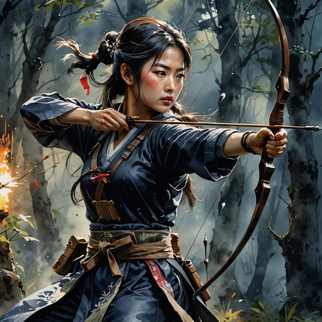 Japanese Archer in Dark Watercolour Artwork