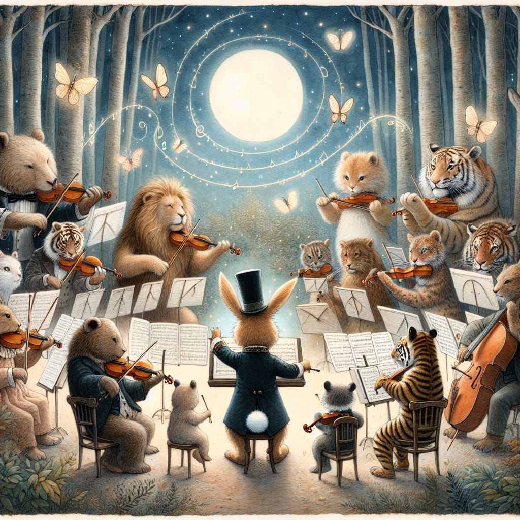 Bunny Conductor in Moonlit Forest Orchestra
