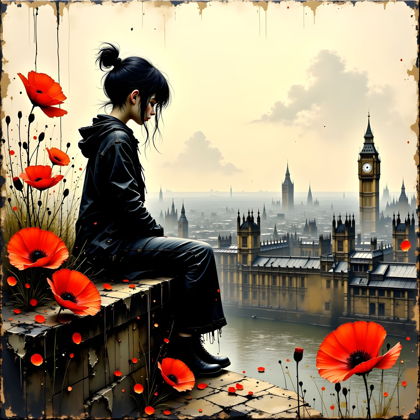 Girl Overlooking London in Impasto Oil Painting