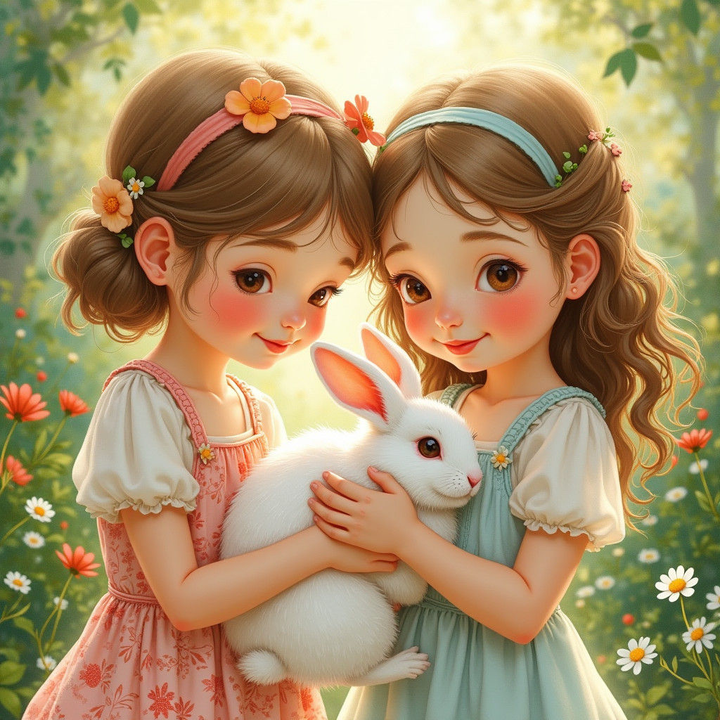 Girls Play with Rabbit in Whimsical Watercolor Style