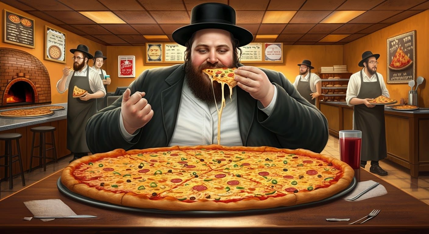 Hasidic Man Enjoys Gigantic Kosher Pizza, Comic Style