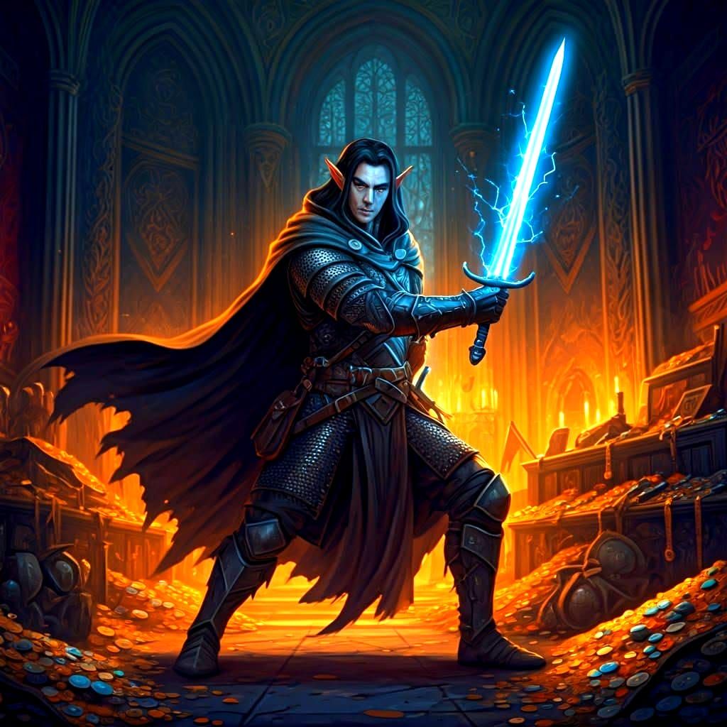 Half-Elf Rogue in Treasure Hall, Abstract Art