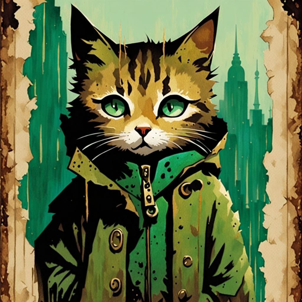 Vintage Tabby Cat Amidst Rainy City Streets