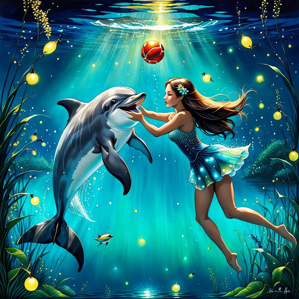 Girl and Dolphin Play in Lake with Fireflies