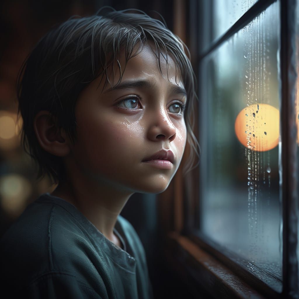 Child's Melancholy Gaze Through Rain-Streaked Window