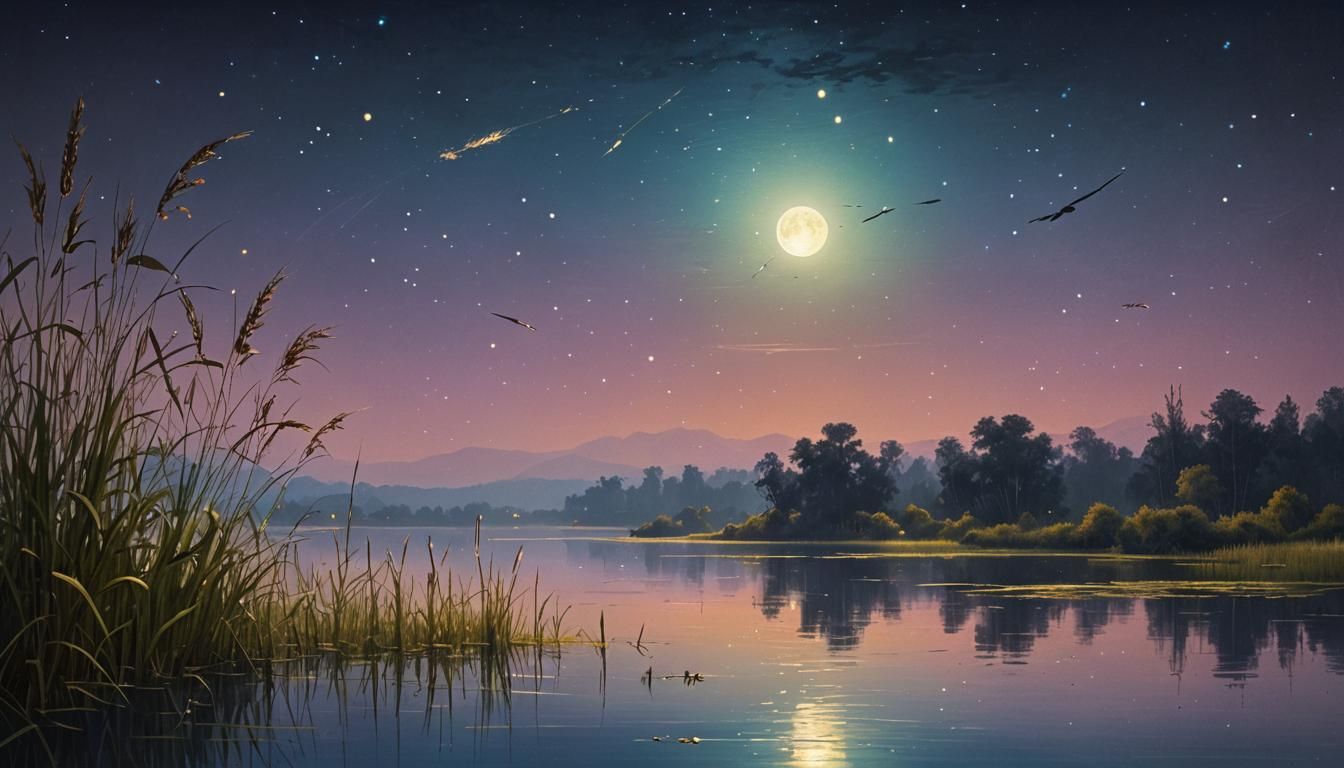 Fireflies Dance Under Moonlit Sky: Aivazovsky-Inspired Lake