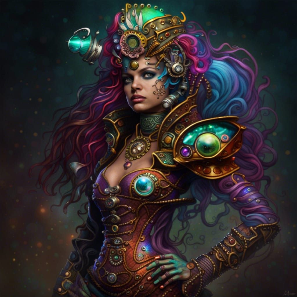 Colorful Steampunk Galactic Mermaid Warrior