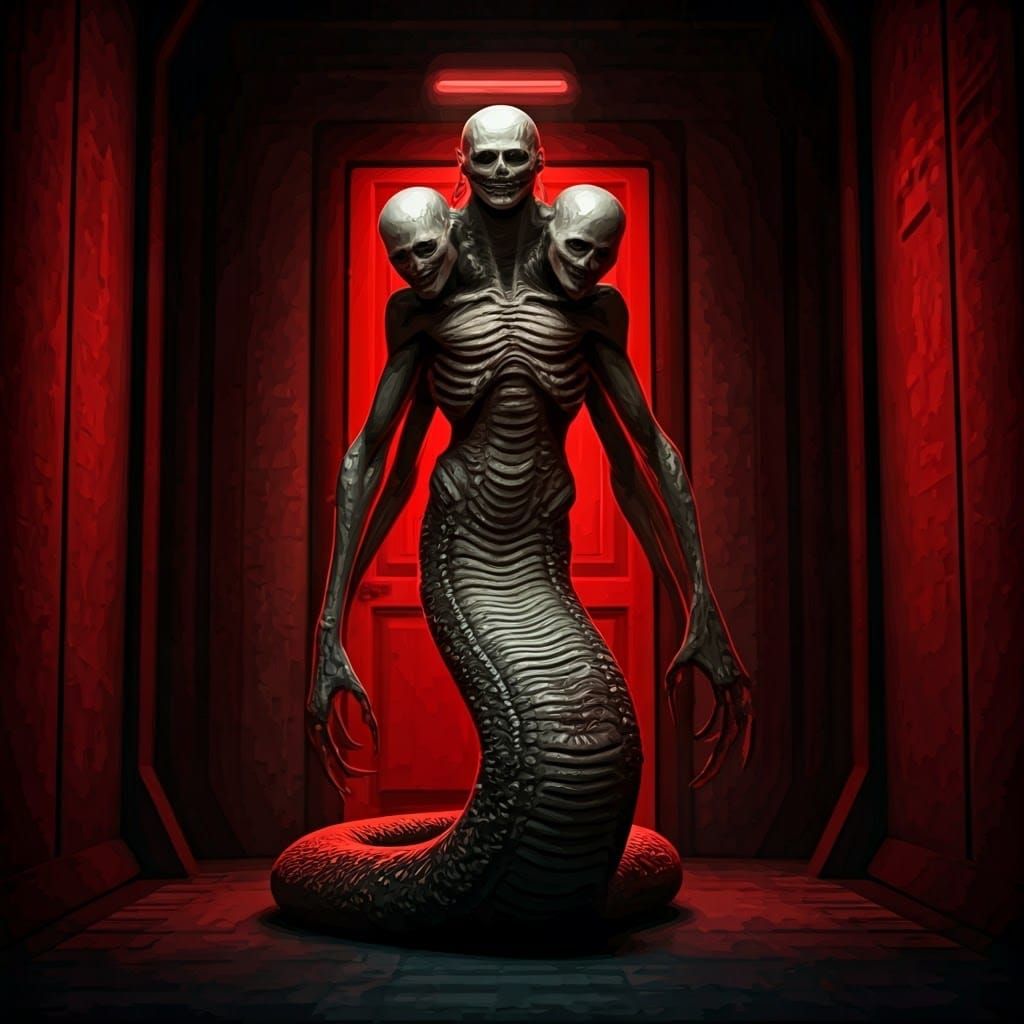 Three-Headed Stitched Monstrosity in Dark Hallway