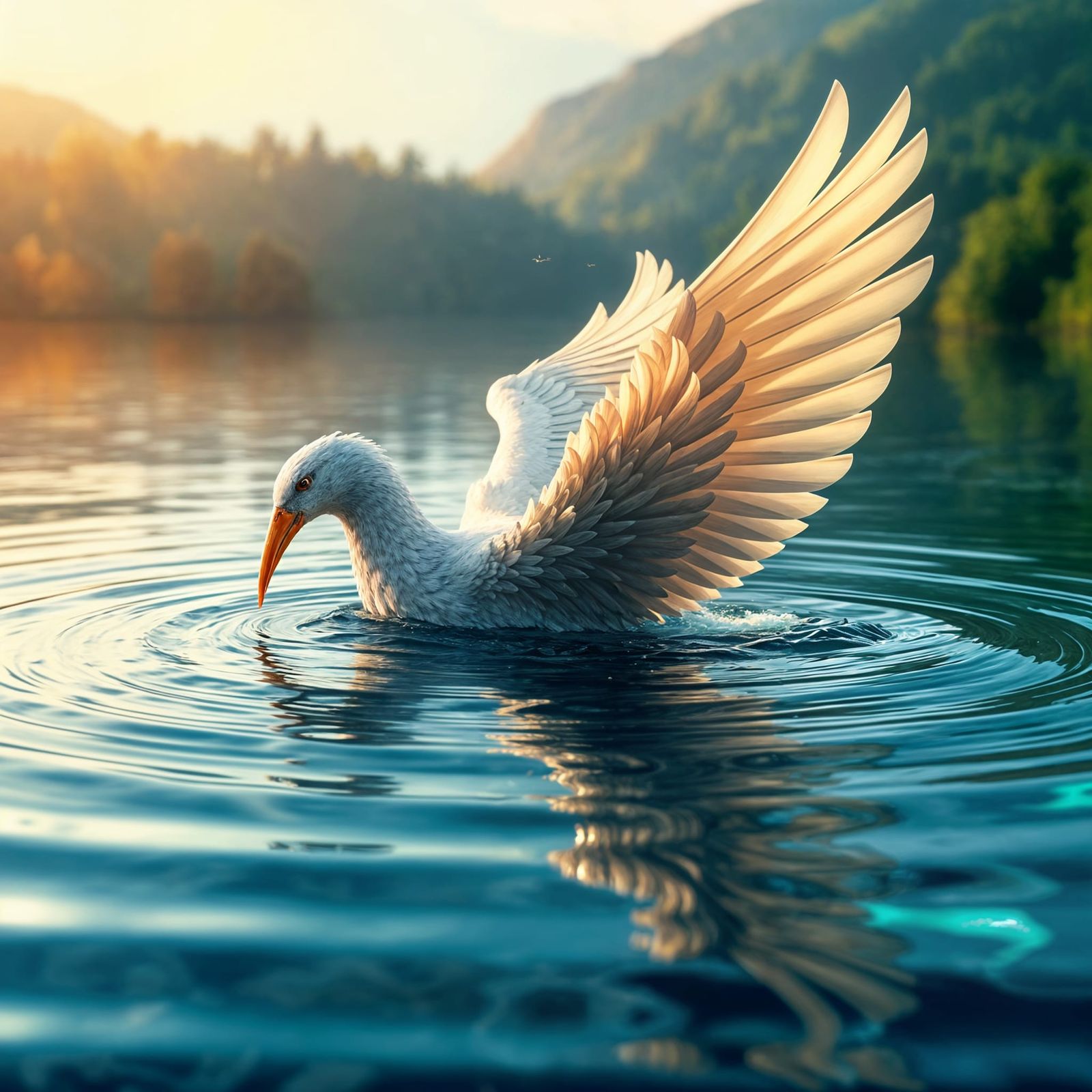 Serene Lake Transforms into Majestic Bird in Ethereal Art