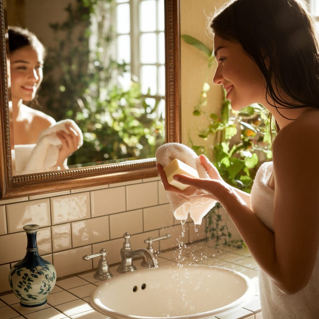 Sun-Drenched Bathroom Scene with Woman Washing