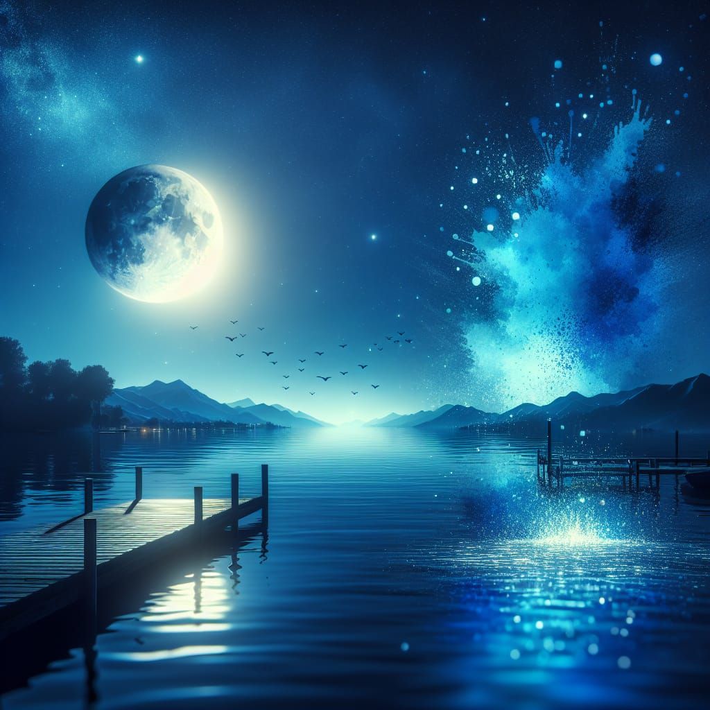 Monochromatic Blue Moonlit Dock Landscape