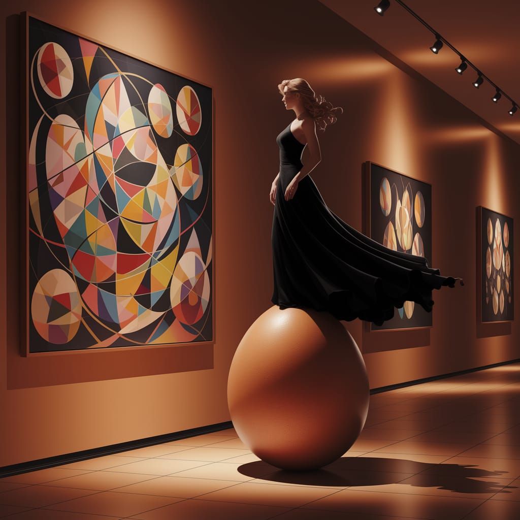 Woman Standing on Egg in Museum Gallery
