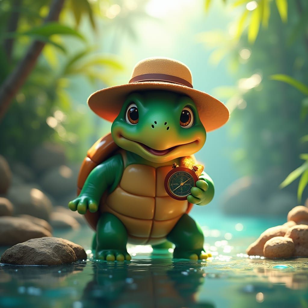 Anthropomorphic Turtle Explorer in Dreamworks Style