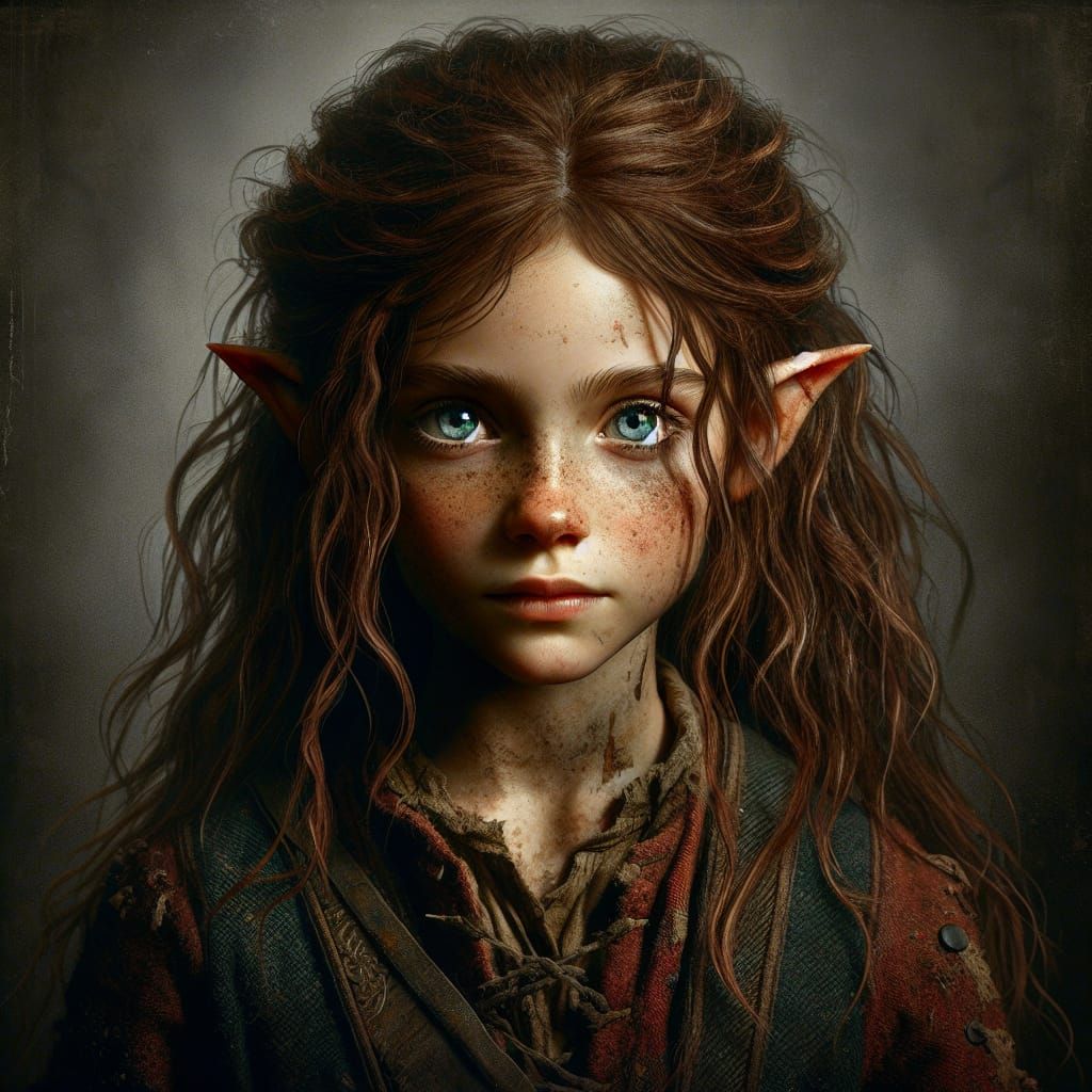 Captive Half-Elf Child: High-Contrast Digital Portrait