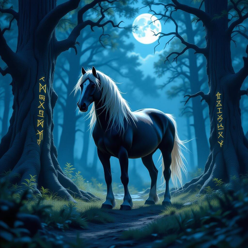 Mystical War Horse in Dark Fantasy Forest