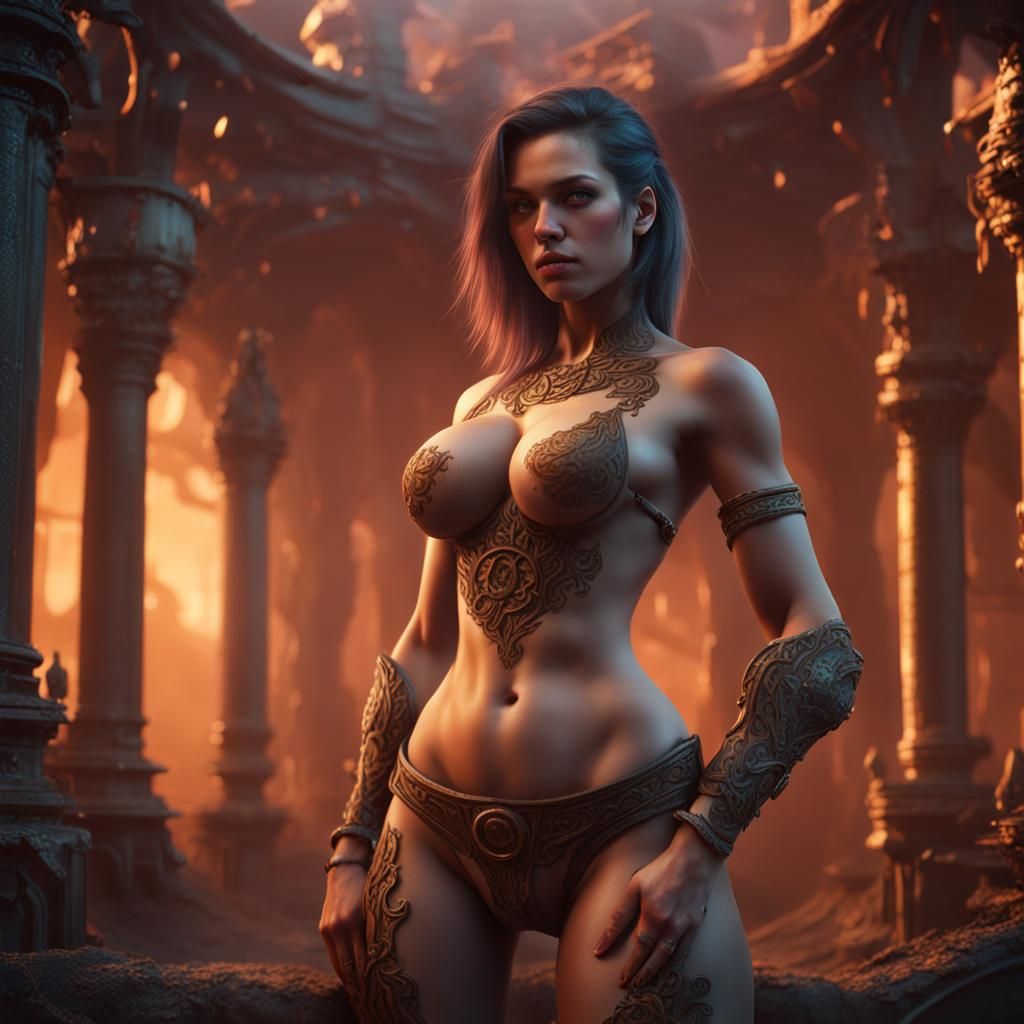 Detailed Fantasy Painting: Nude Woman in Vivid Colors