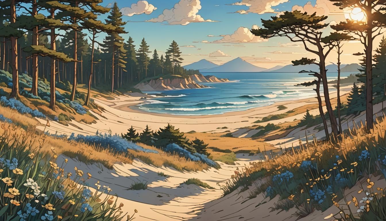 Stained Glass Ocean with Golden Dunes and Pines