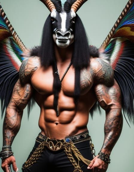 Musclepunk Zebra-Peacock Baphomet Hybrid in Hyperrealism