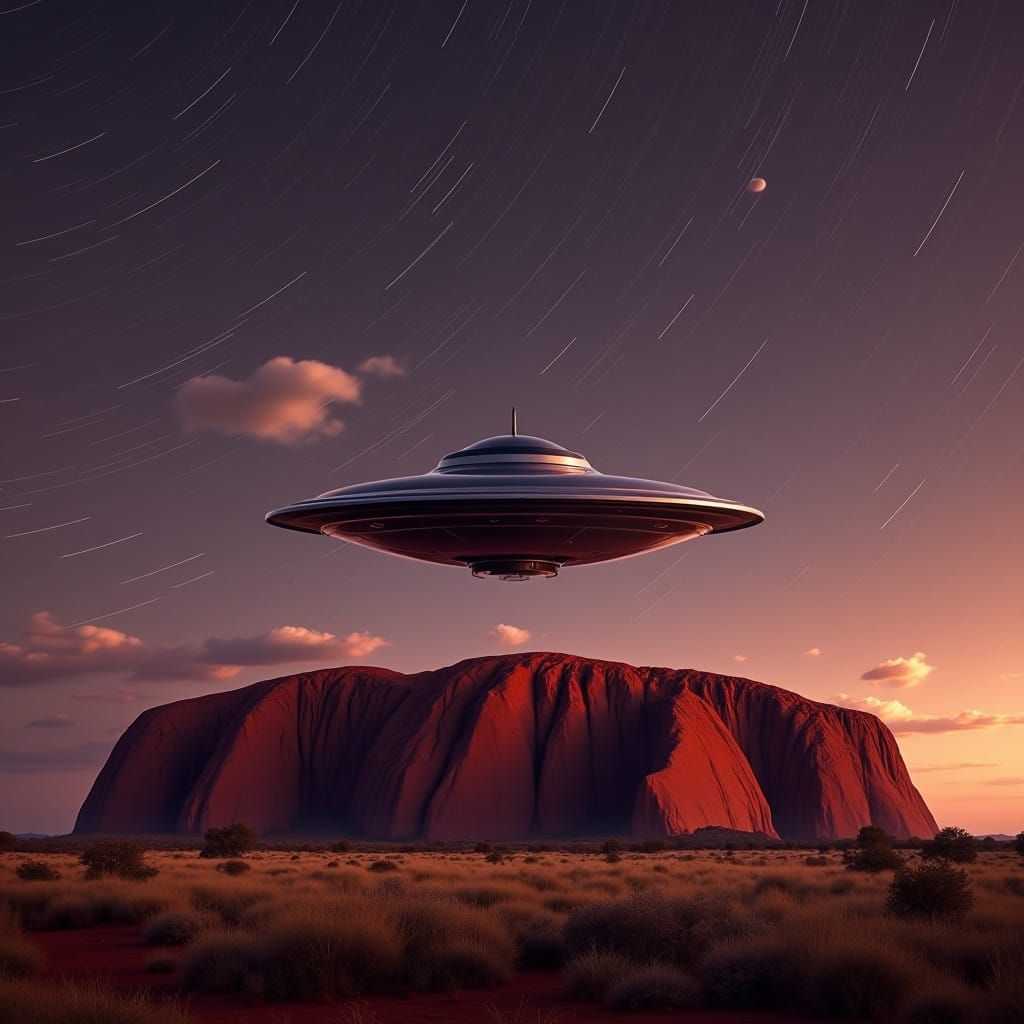 Gleaming UFO Suspended above Uluru's Sacred Rock Formation