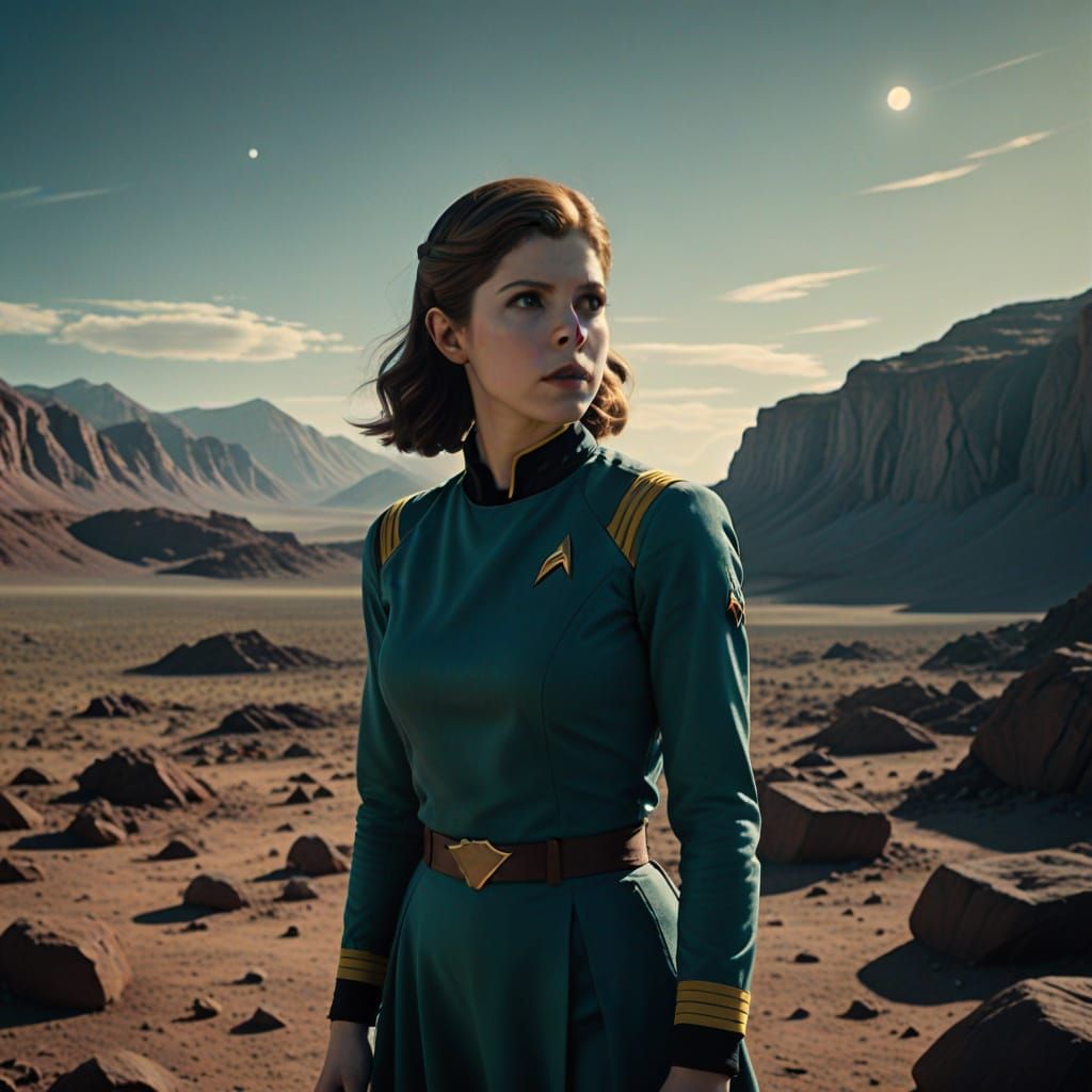 Anna Kendrick in Retro Sci-Fi Uniform on Lonely Alien Planet