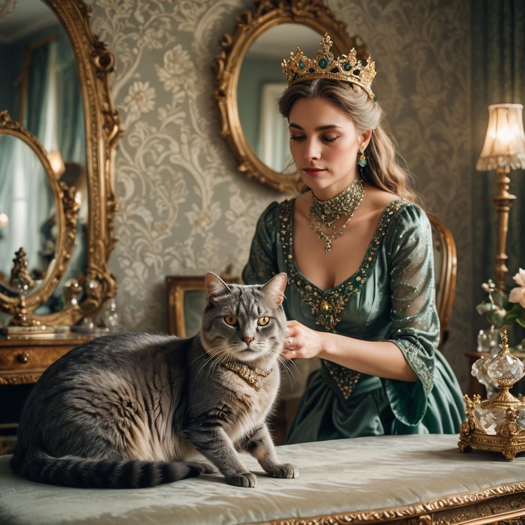 Opulent Cat with Diamonds in Victorian Bedroom