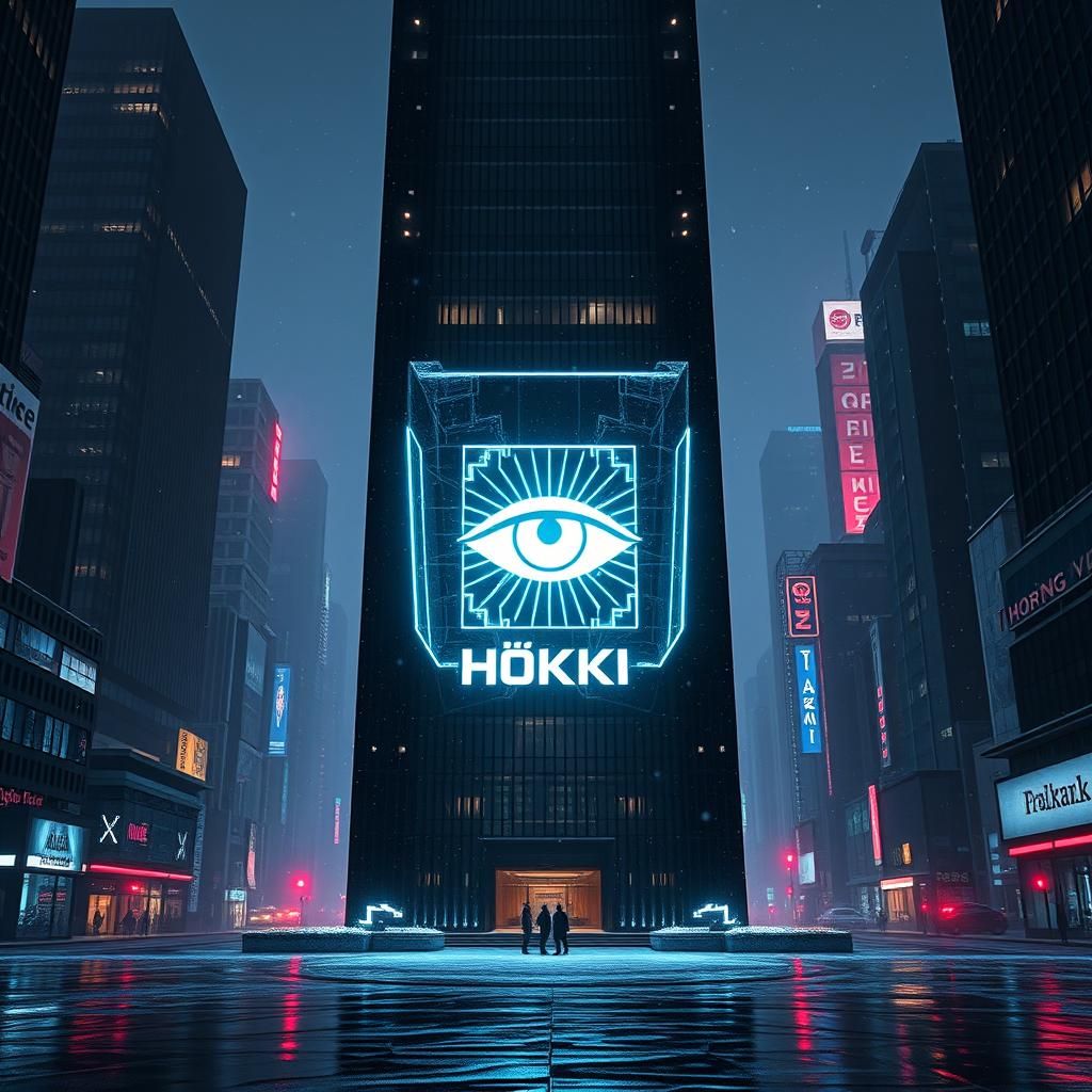 Dystopian Skyscraper with Cyberpunk Cube Logo