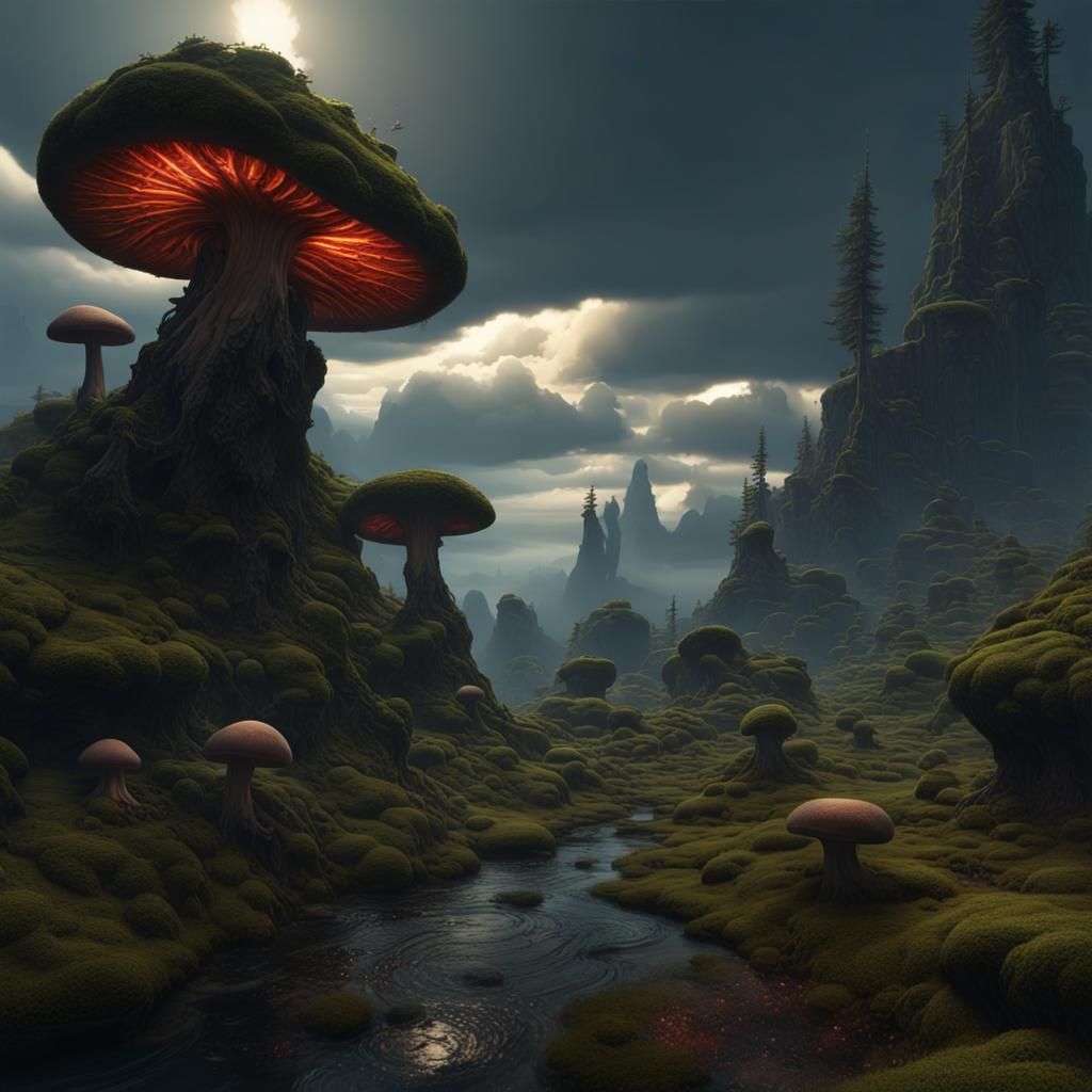 Eerie Glowing Mushrooms in Dark Fantasy Landscape