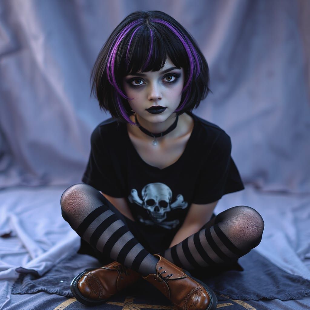 Gothic Teenage Woman on Pentagram in Ethereal Style