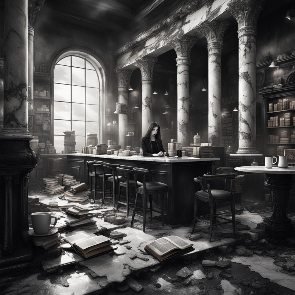 Goth Model in Coffee Shop with Robots: Black and White Photo...