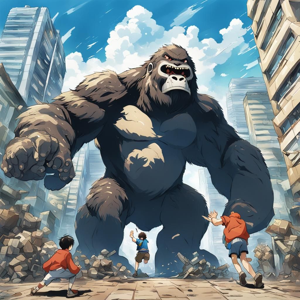 Kong vs Mammoth in City, Anime Style