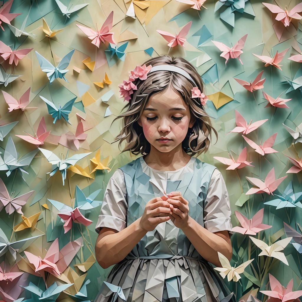 Impressionist Origami Girl Mural in Papercraft Style