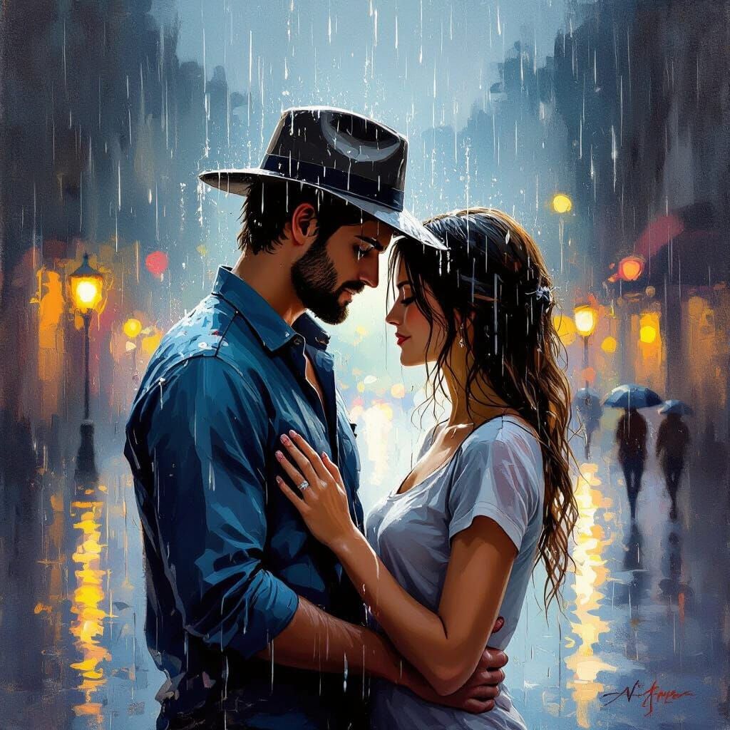 Loving Couple in Dramatic Rainstorm Oil Painting