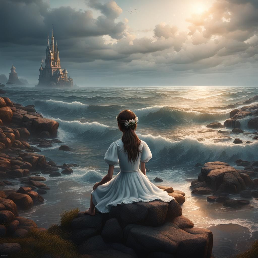 Teenage Girl by the Sea: Detailed Fantasy Art
