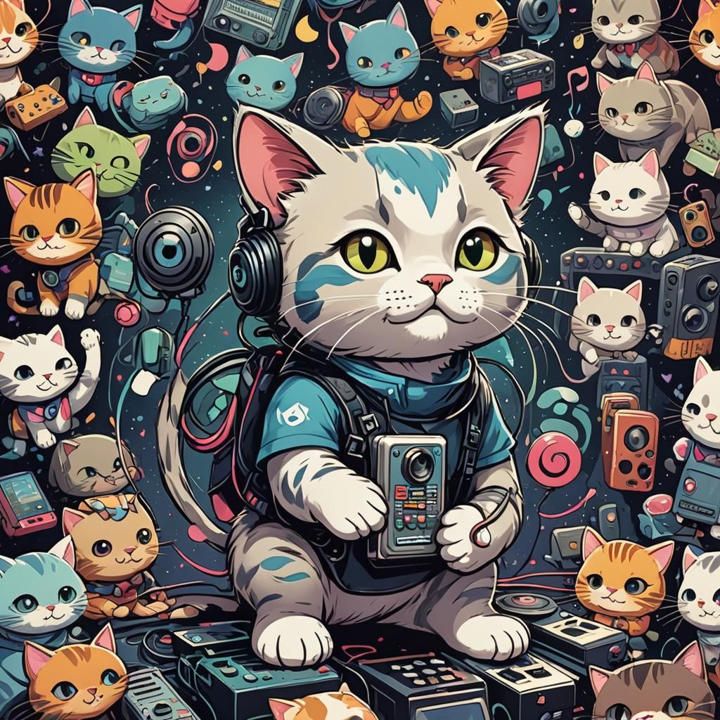 Kawaii Music Cat for Spotify Profile, Comic Art