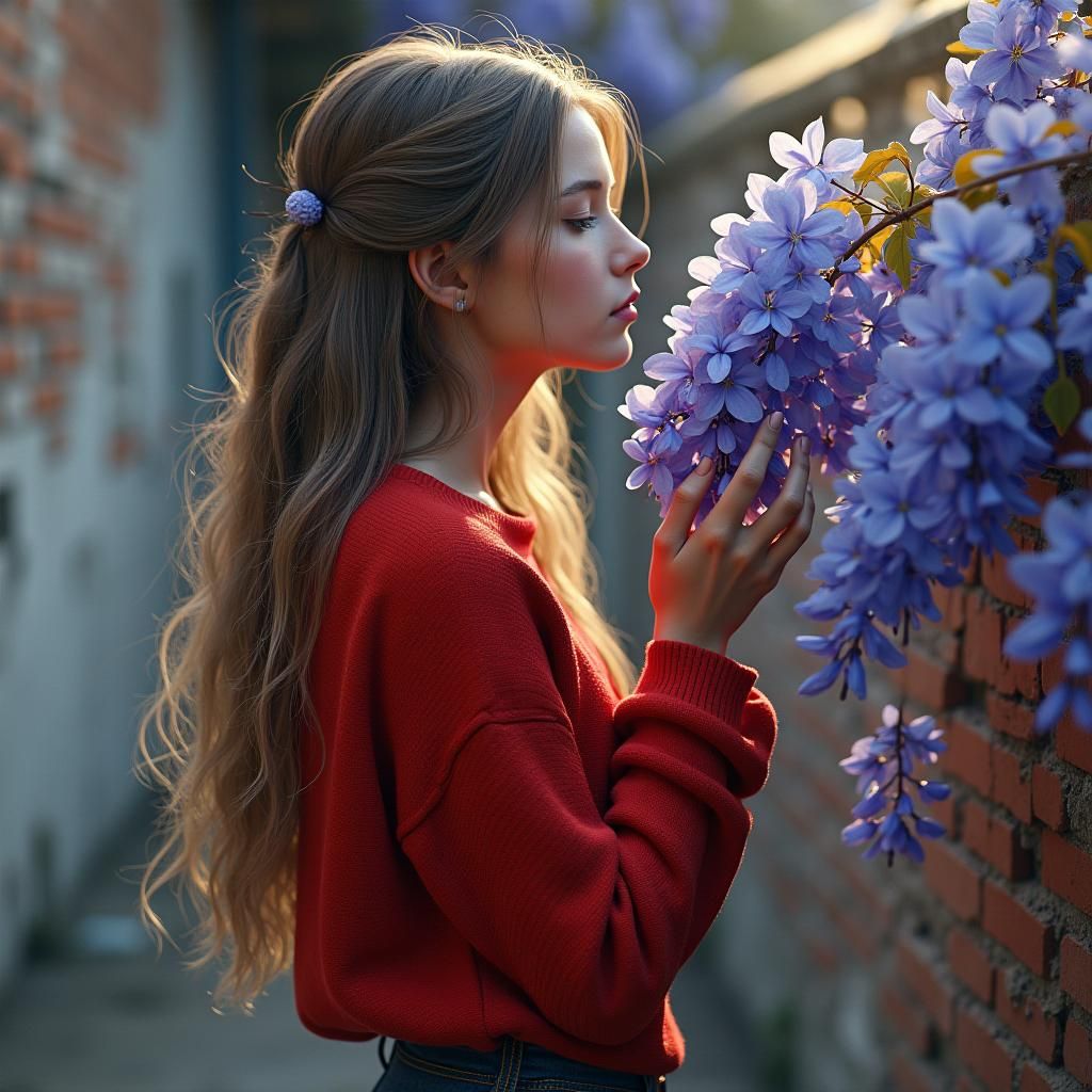 Woman Smelling Wisteria: Hyperdetailed Digital Art