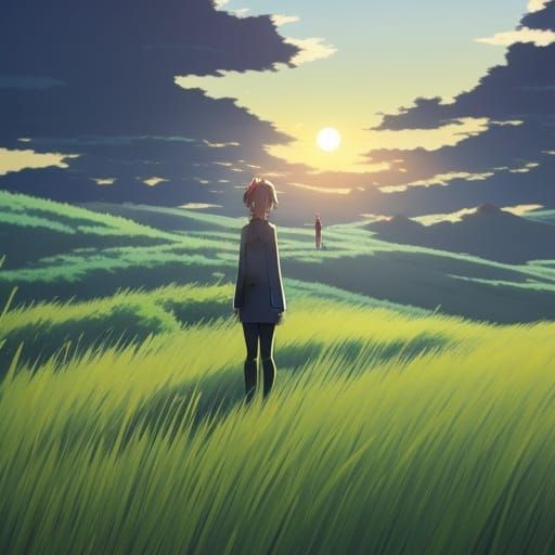 Person Watching Fireworks at Sunset in Anime Style