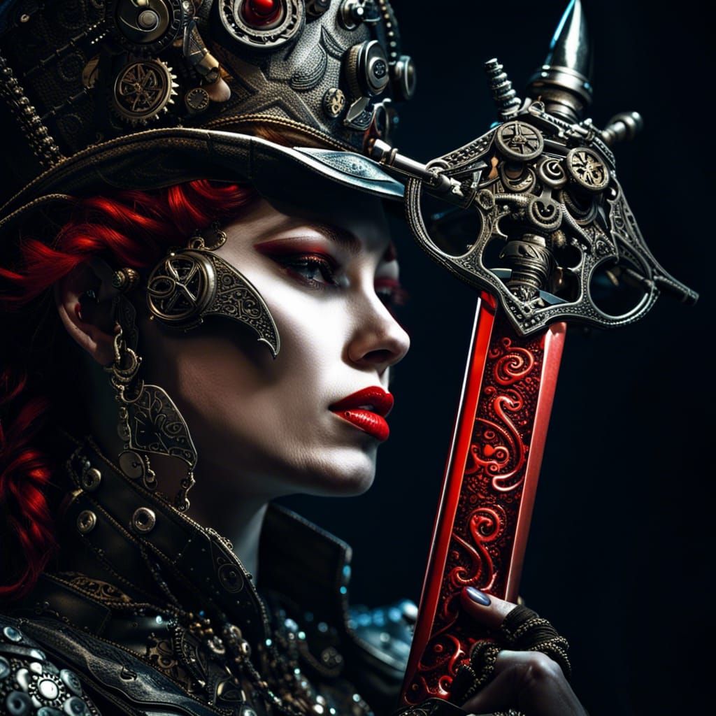 Steampunk Woman's Face Reflected in Sword