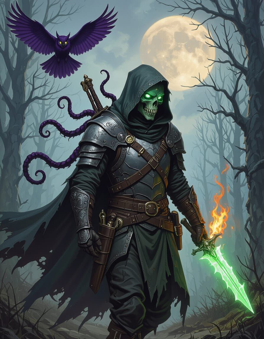 Tiefling Ranger Cleric with Fiery Scimitar in Spectral Fores...