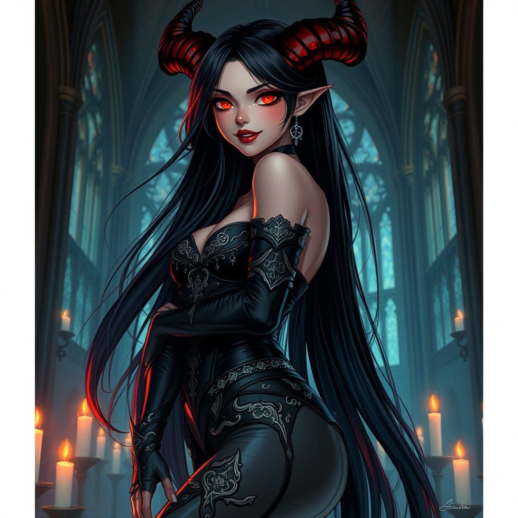 Ethereal Demon Girl in Gothic Cathedral