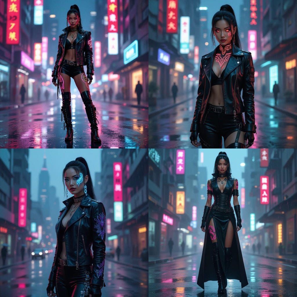 Cyberpunk Woman with Glowing Tattoos in Neon Cityscape