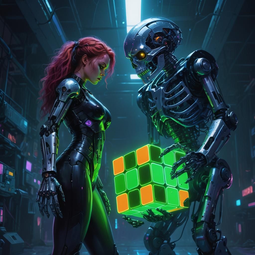Cyborg and Robot Solve Rubik's Cube in Neon Sci-Fi
