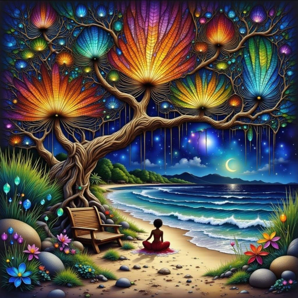 Whimsical Summer Beach at Night with Glass