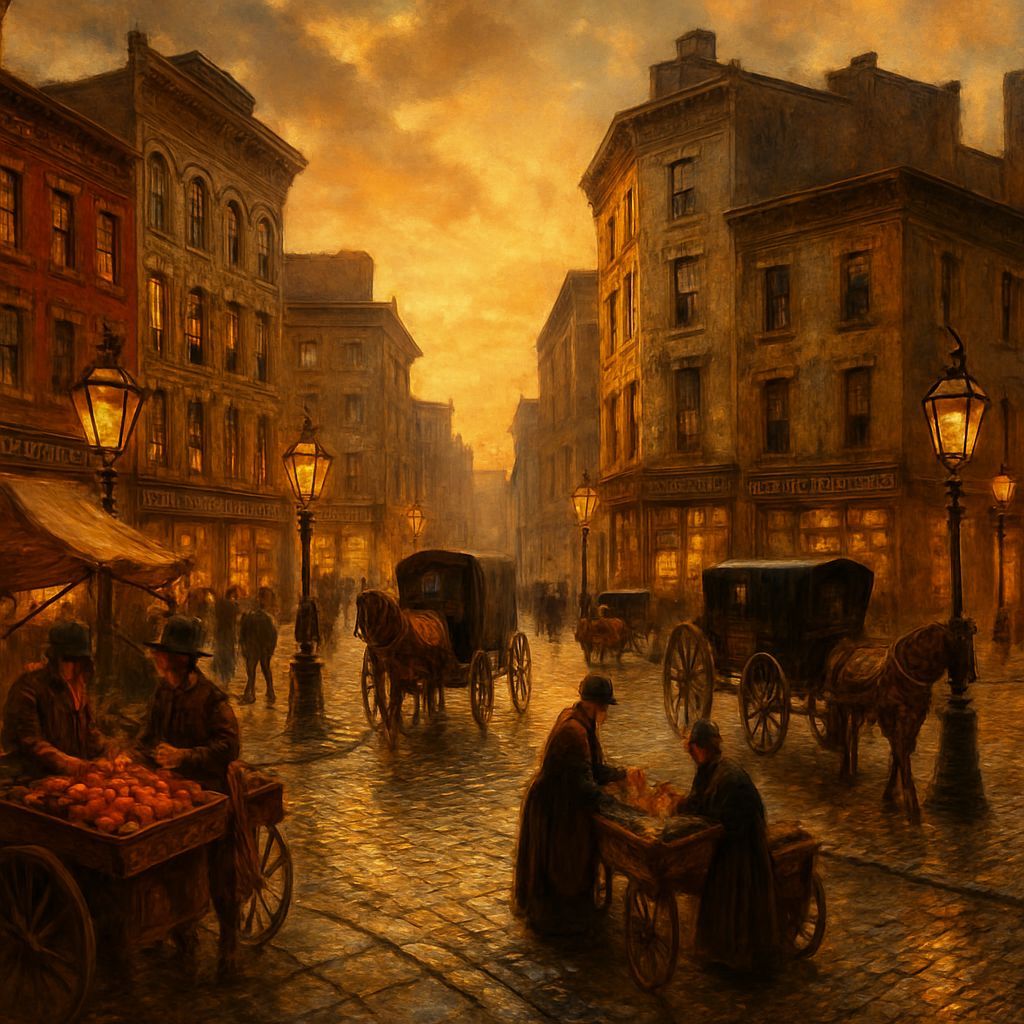 Vibrant 1800s City Intersection at Magic Hour