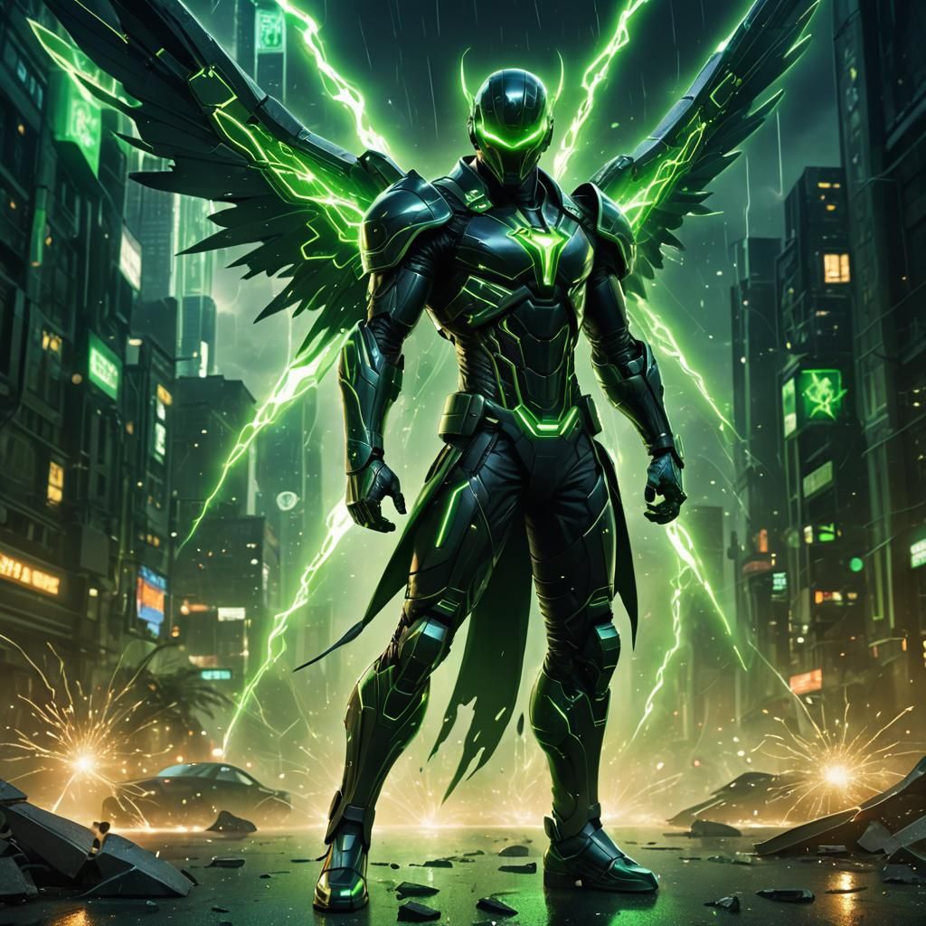 Cybernetic Superhero Swordsman with Green Energy