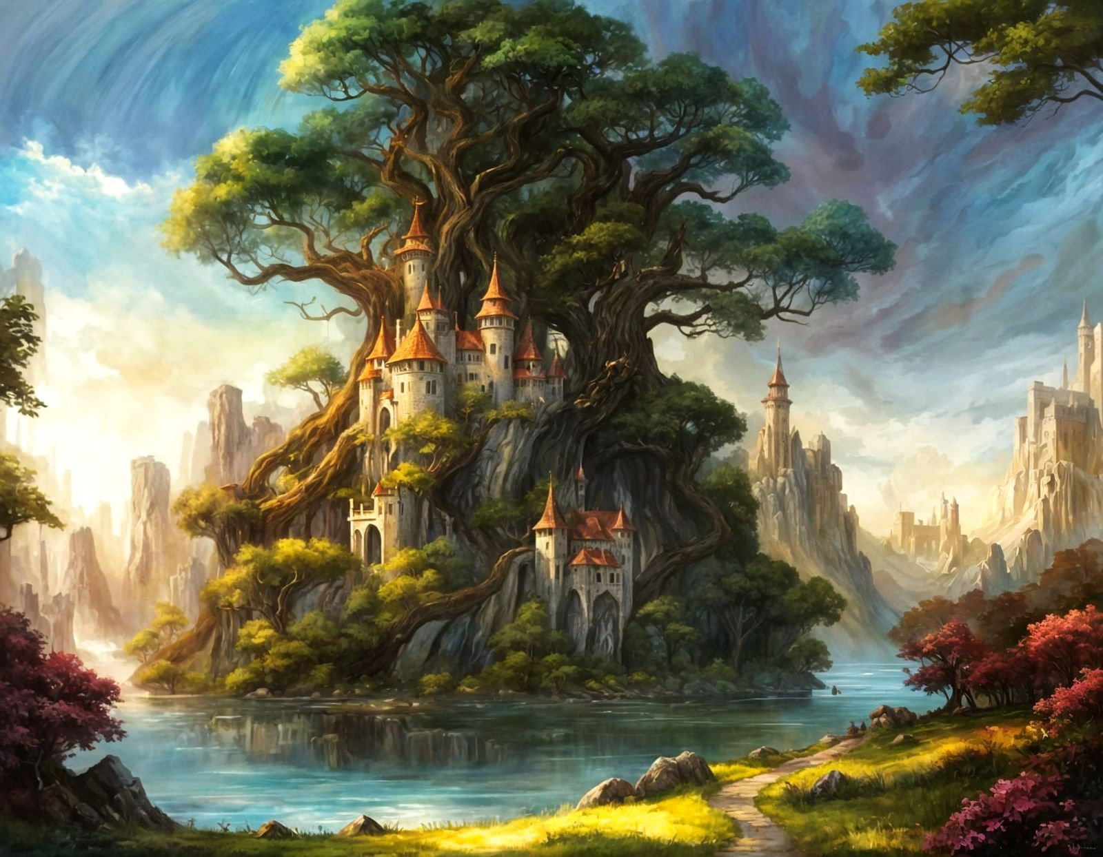 Fantasy Marble Castle Treehouse Gouache Painting