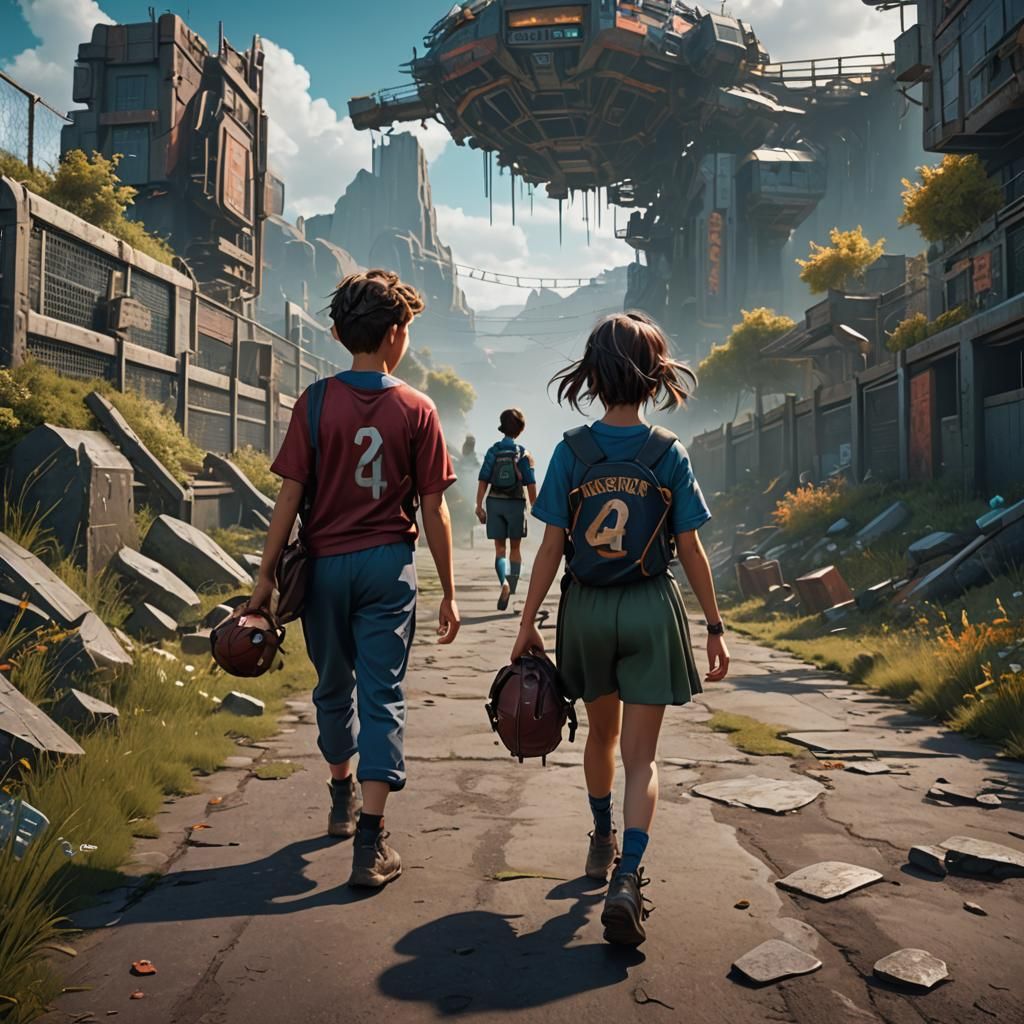 Children Walking to Football Field in Detailed Matte Paintin...