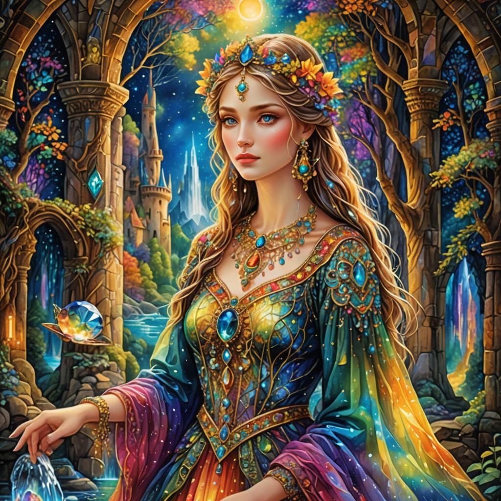 Graceful Lady in Ancient Idyllic Crystal Castle