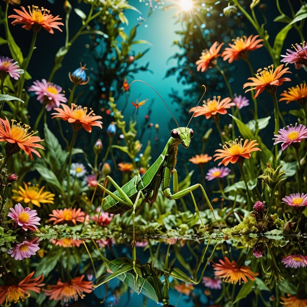 Surreal Mantis in Fantastical Flora, Macro Photography